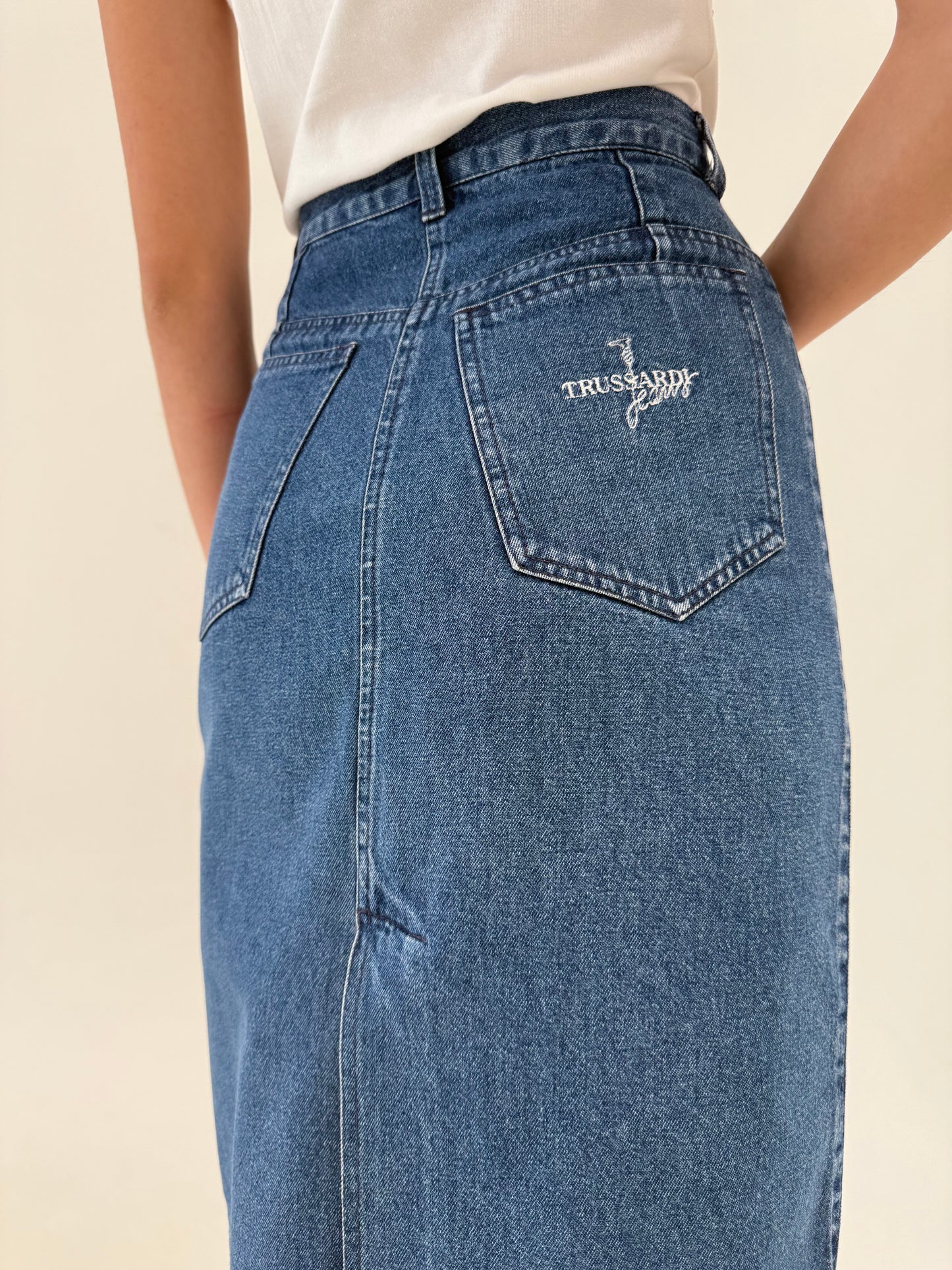 Fustă vintage luxury Trussardi din jeans moale de vară cu talie ultra înaltă