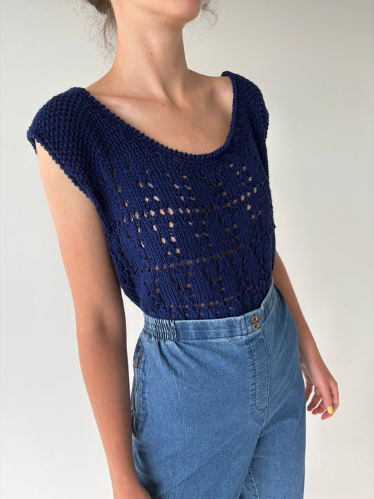 Top vintage albastru cerneală din jerse dantelat