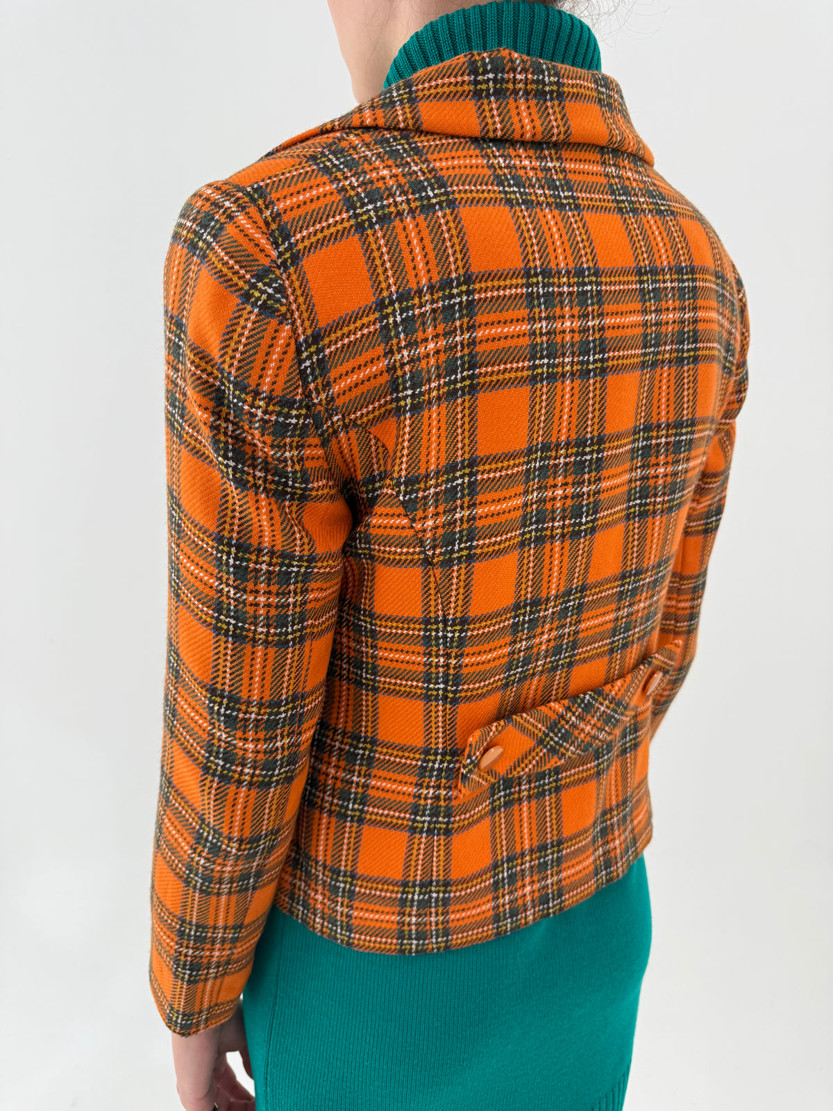 Sacou vintage cambrat petite din tweed oranj de lana extrafina cu talie marcată