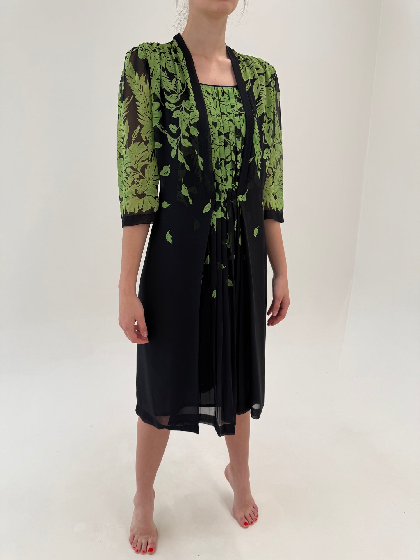 Rochie vintage din mătase naturală de la business la cocktail cu print organic