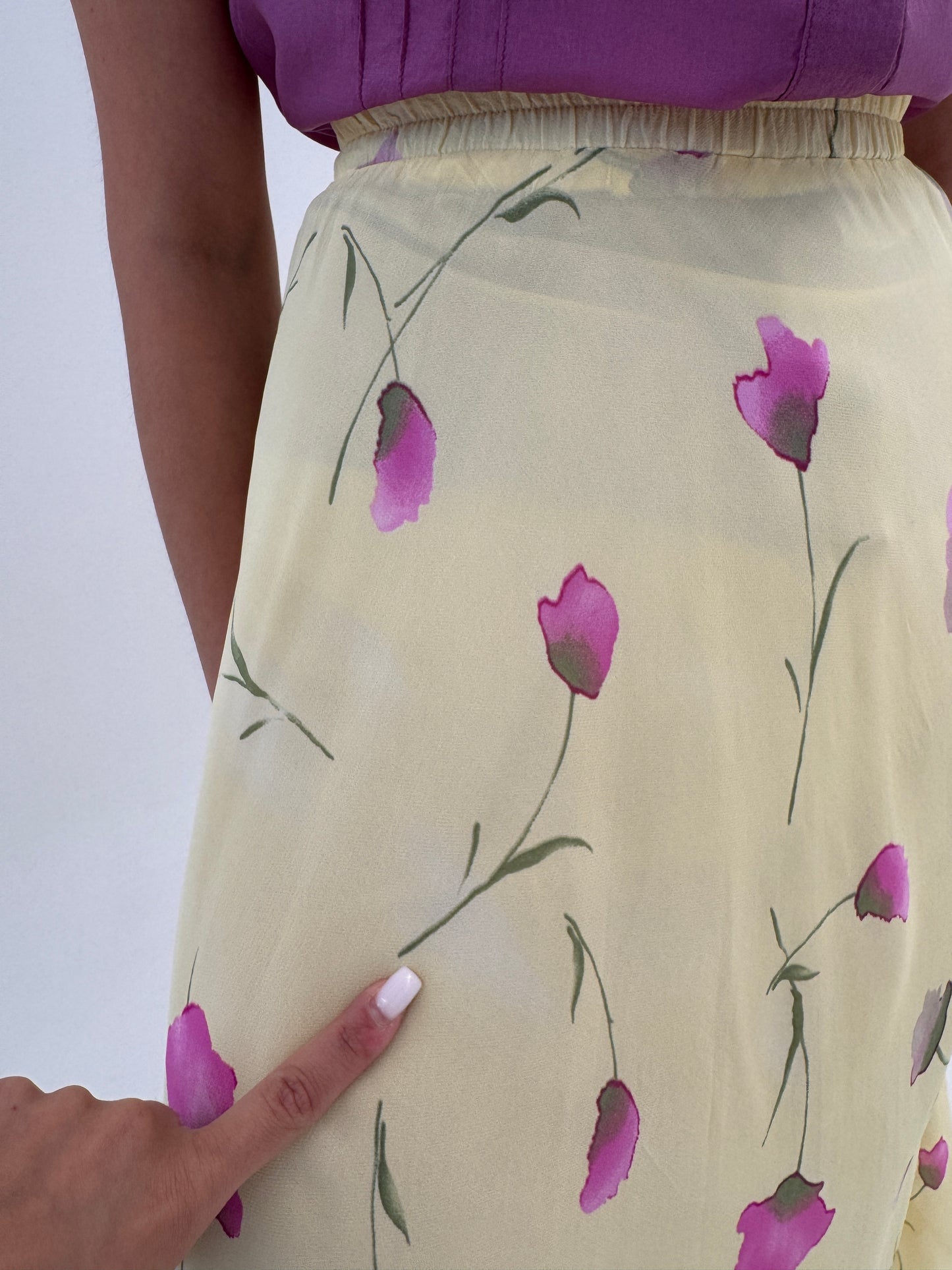 Fustă maxi butter yellow ultra amplă cu print floral delicat Barbie pink