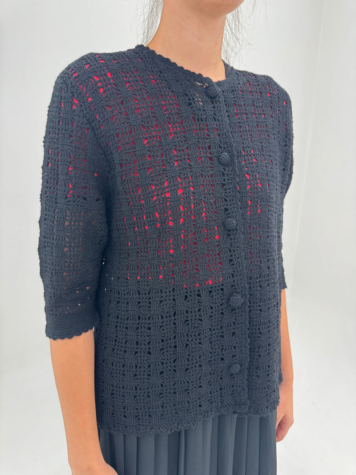 Cardigan vintage negru dantelat din lana extrafina cu mânecă 3/4