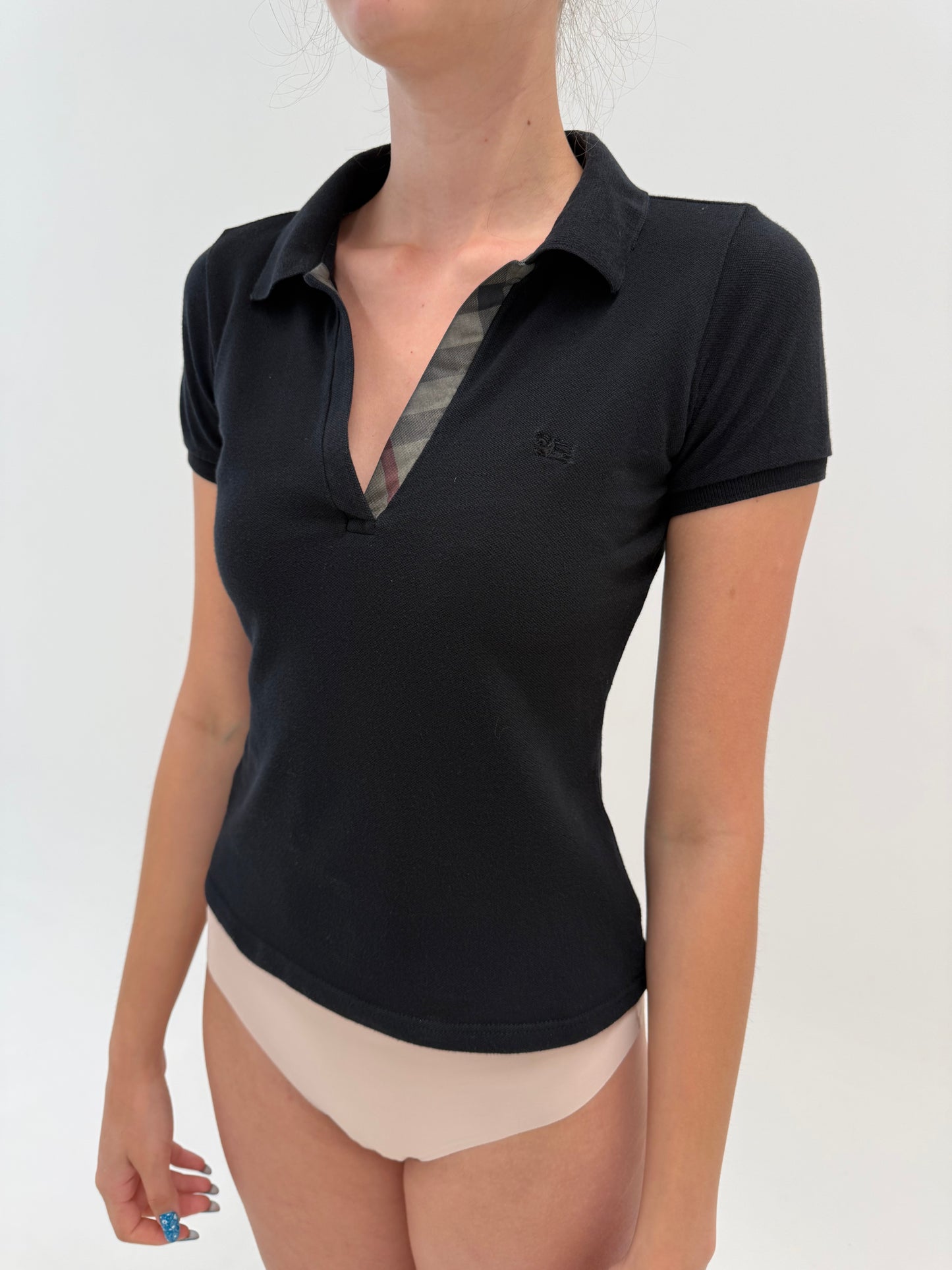 Top polo Burberry negru din bumbac de gramaj mare modelator