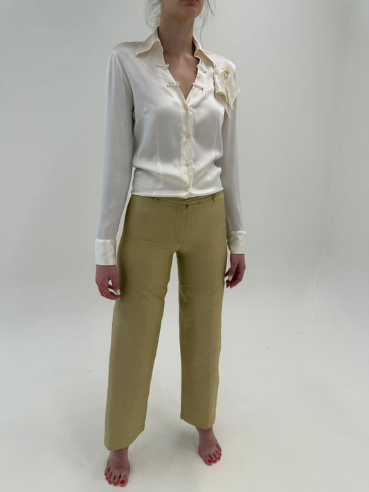 Pantaloni camel italienești din mătase naturală dupioni în croi drept