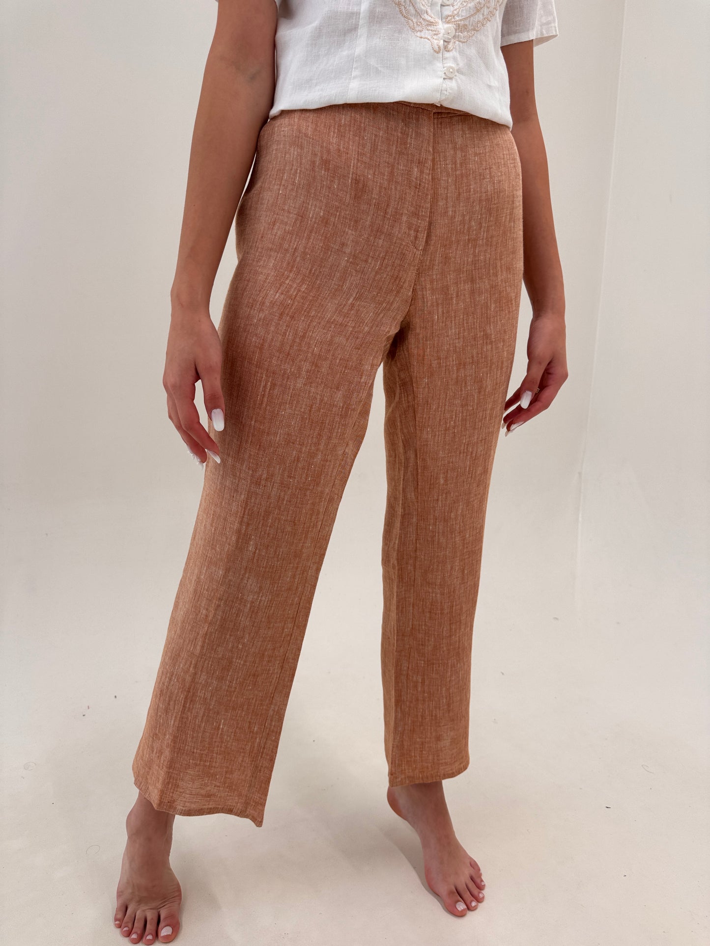 Pantaloni din in spre palazzo melanj chestnut brown și camel
