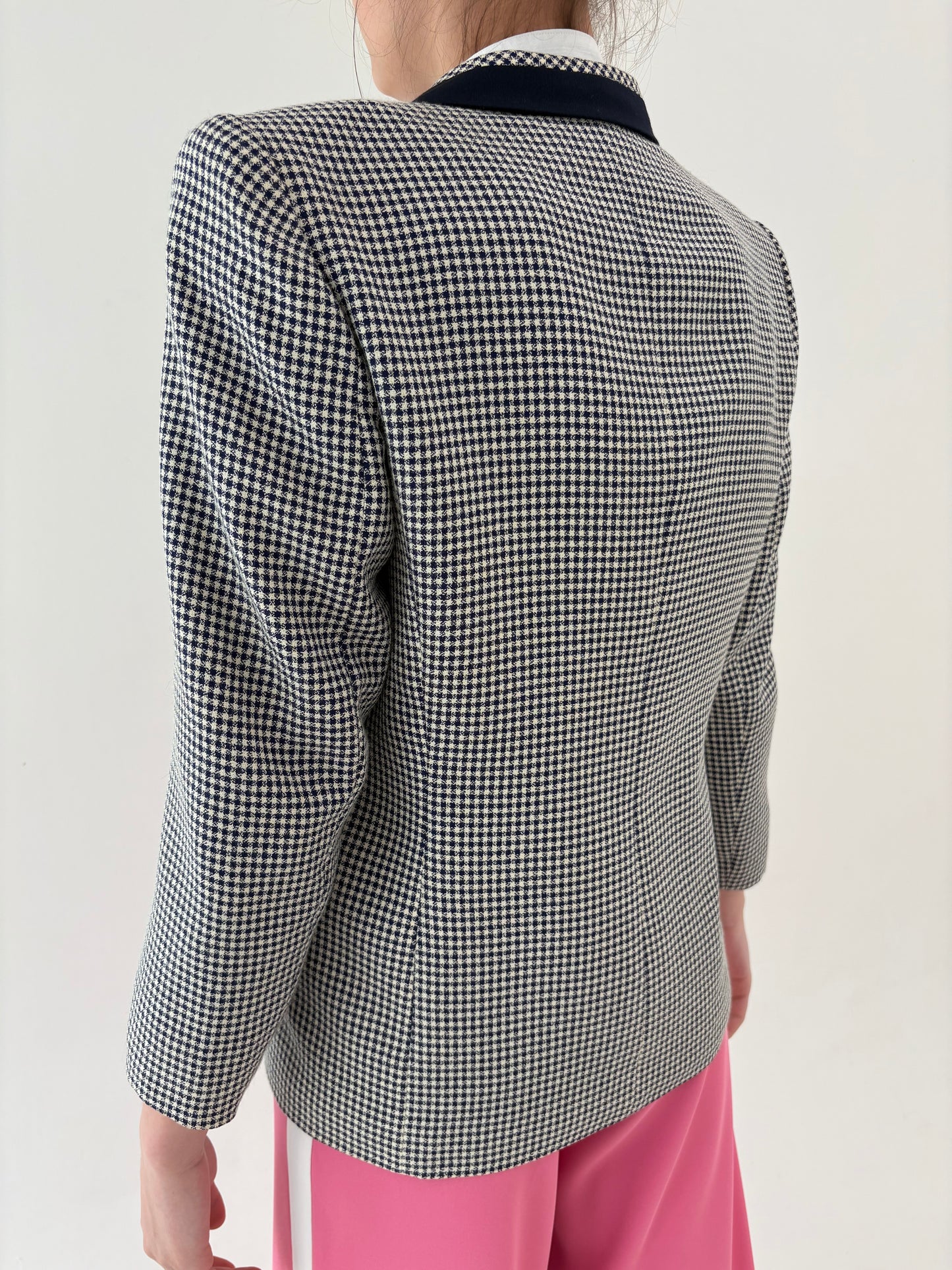 Sacou vintage cambrat petie în carouri alb -Navy