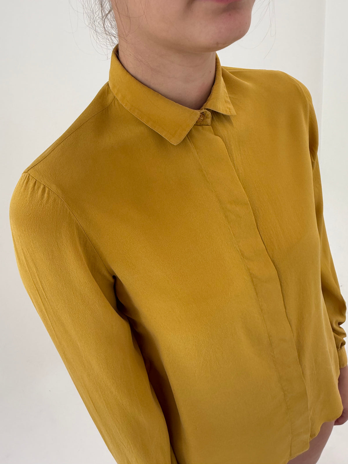 Cămașa vintage petite mustard yellow din mătase naturală