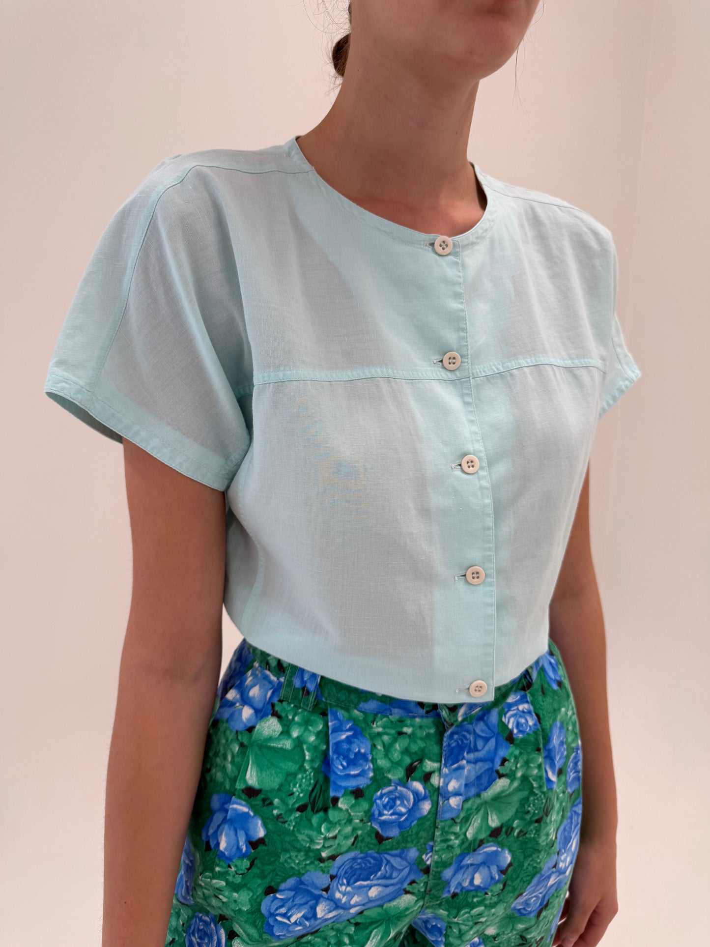 Top vintage mint green in croi retro modern din panzica de in și bumbac