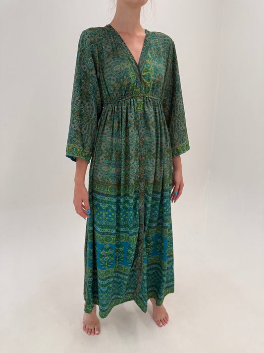 Rochie maxi boho tall 70% mătase naturală cu print paisley în nuanțe superbe de verde