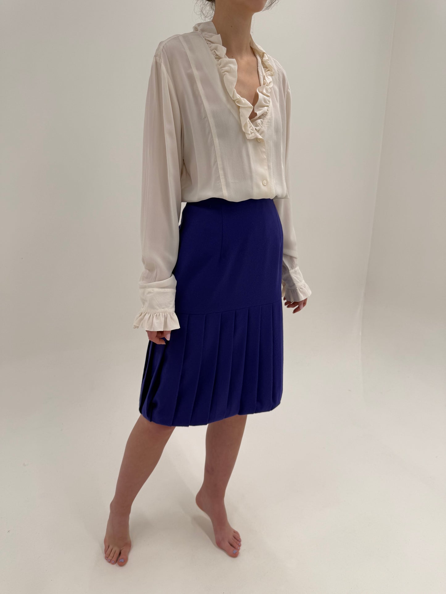 Fustă vintage plisată indigo cu talie ultra înaltă din lana extrafina