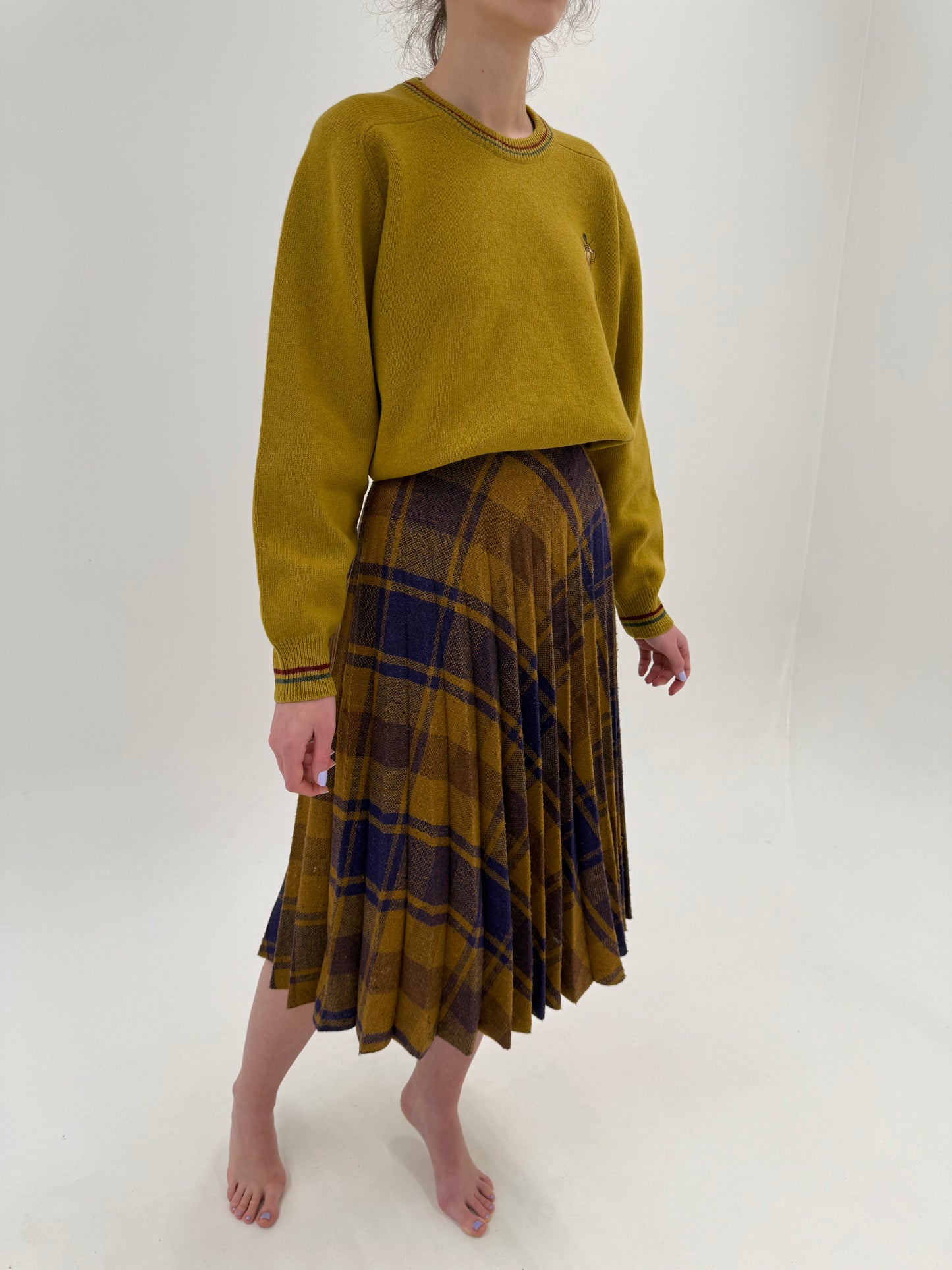 Fustă vintage plisată din tweed gros de lana mustard yellow in carouri