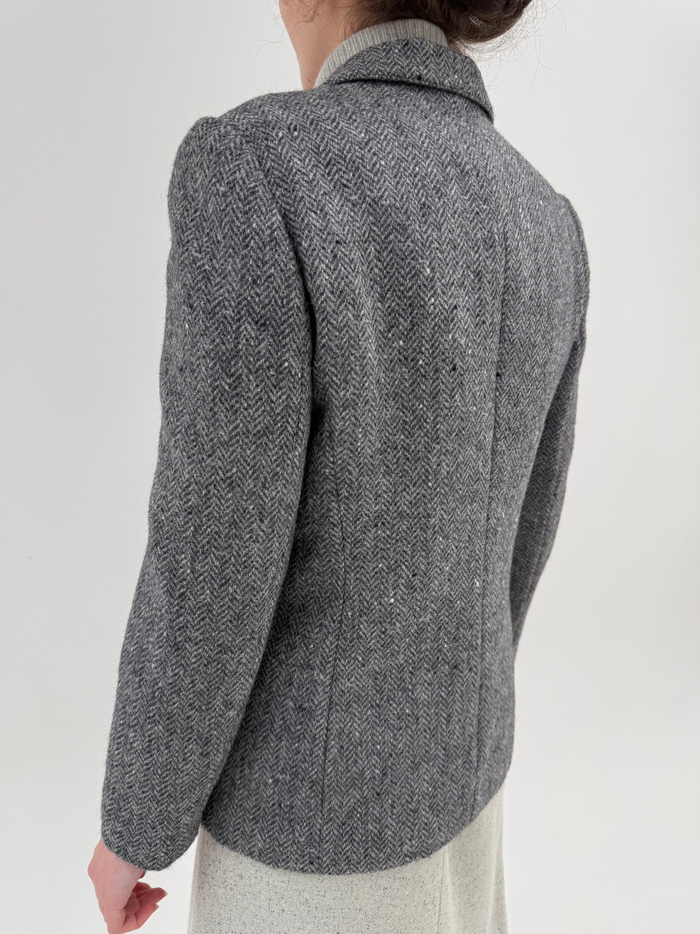 Sacou italian din tweed gros Chevron în nuanțe de gri din lana pura virgină