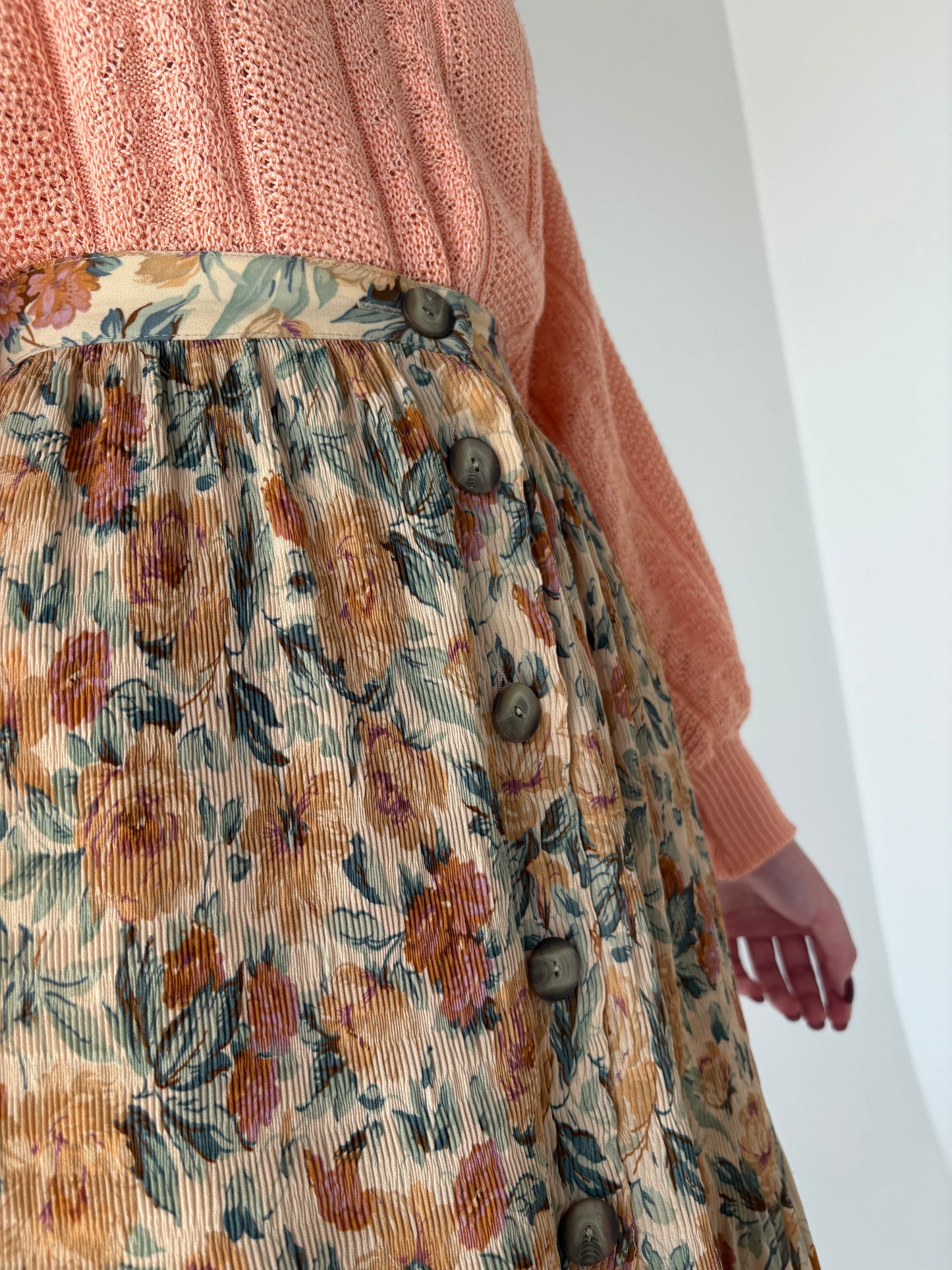 Fustă vintage nude cu print floral superb în culori de toamnă