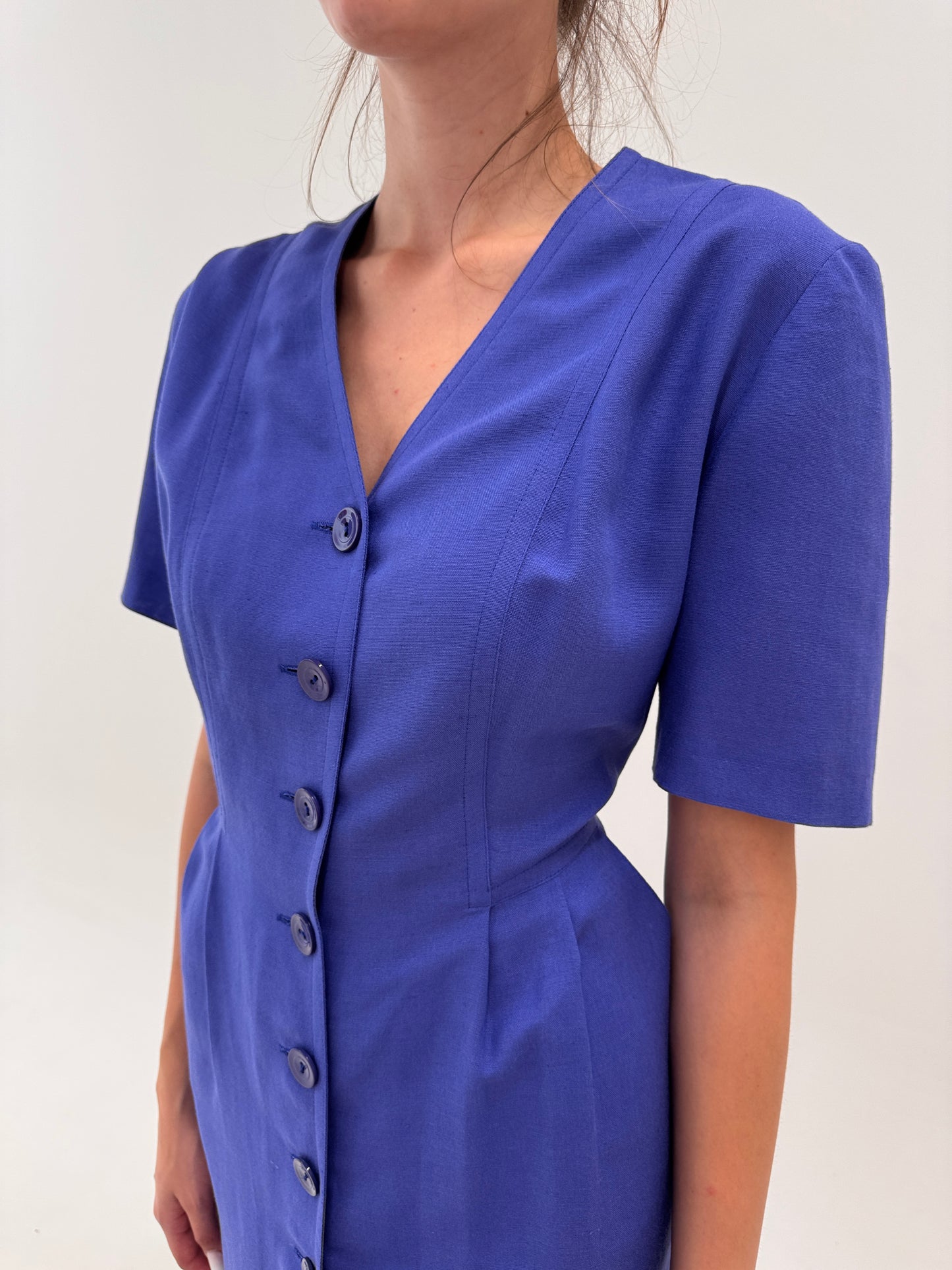 Rochie vintage iris blue cu talie marcată și buzunare din panzica
