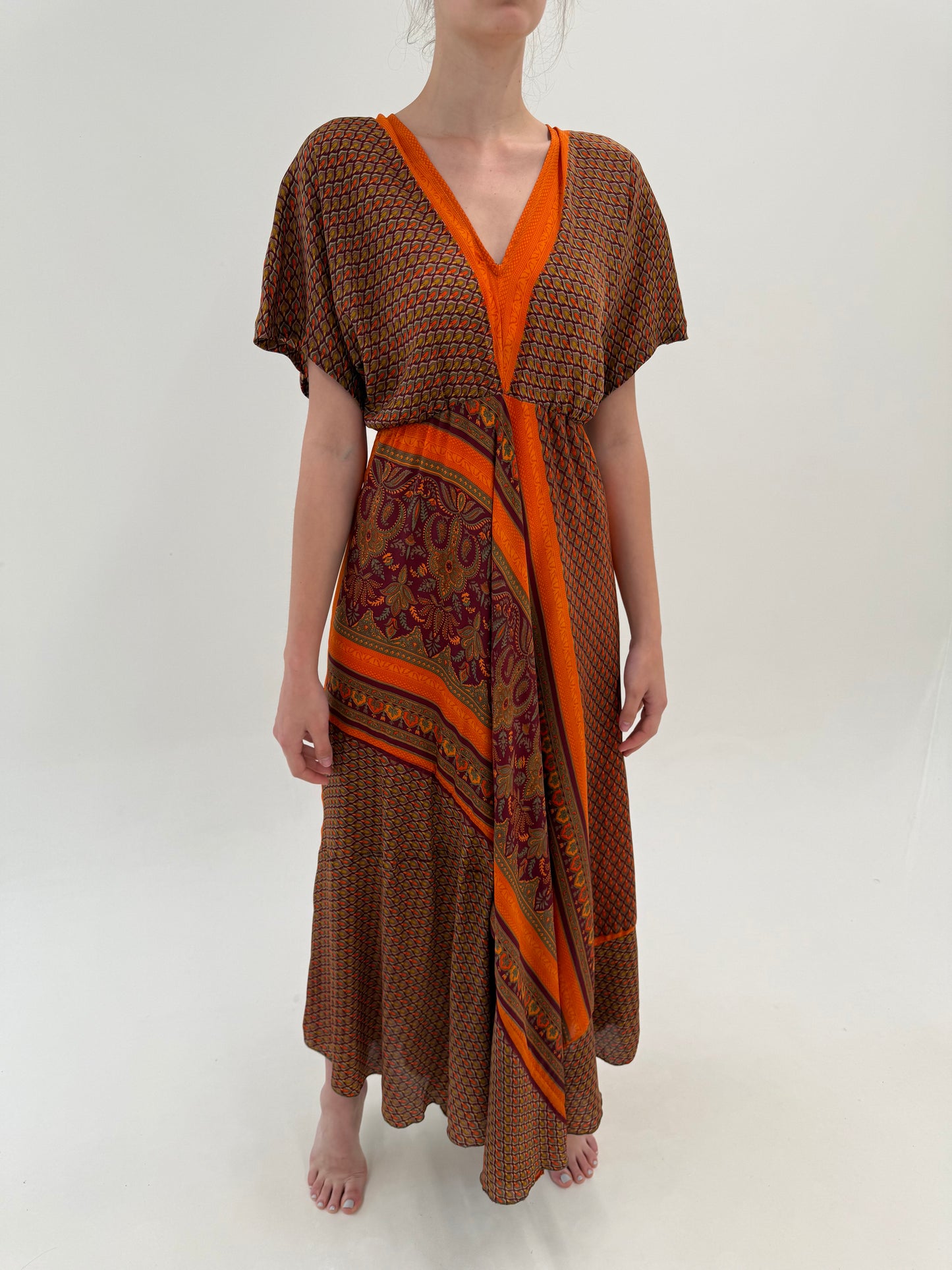 Rochie maxi boho 80% mătase naturală cu talie ultra înaltă elastică