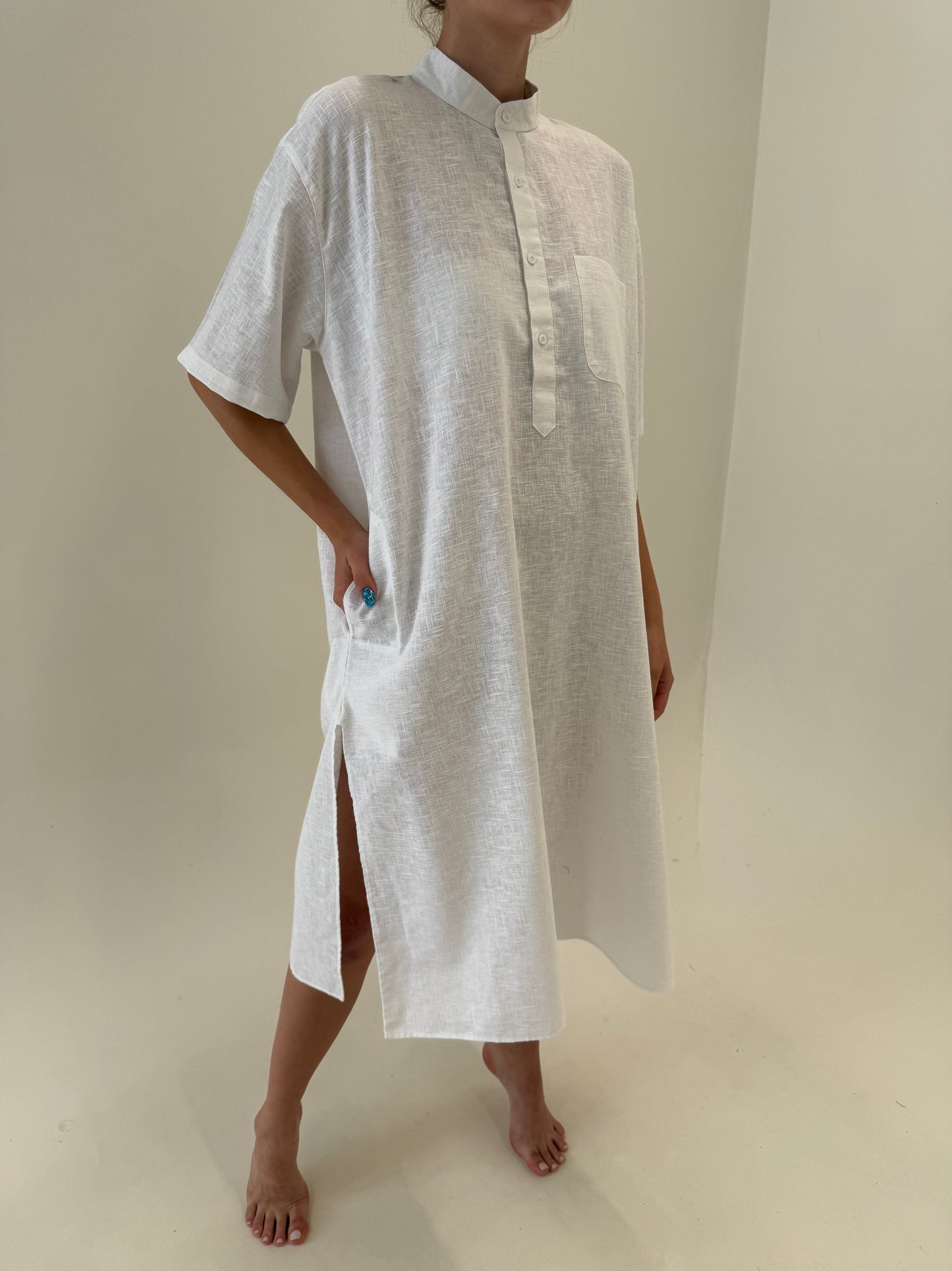 Rochie vintage din pânză moale de bumbac în croi tip tunica cu buzunare