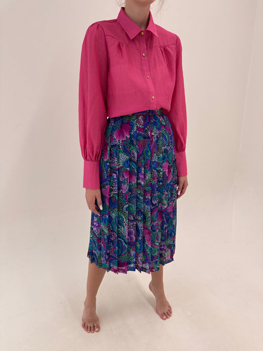 Fustă vintage plisată cu print paisley în culori tari și talie elastică midi lung