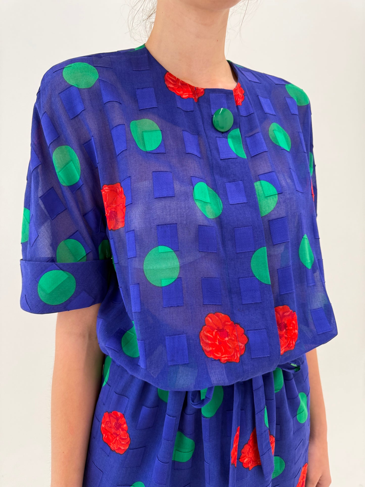 Rochie vintage indigo blue în croi retro modern cu buline din panzica fină texturată geometric