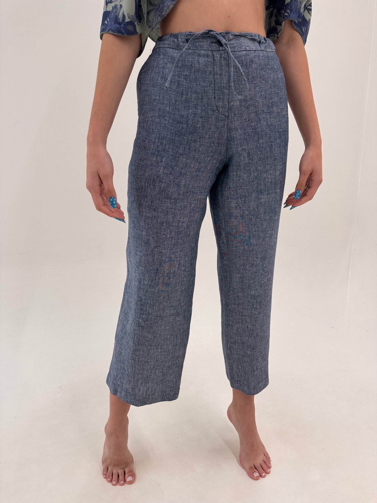 Pantaloni italienești din in jeans blue melanj cu talie reglabilă în croi drept