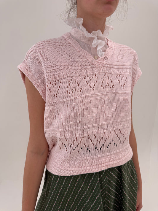 Top vintage din bumbac dantelat powder Pink in croi lejer