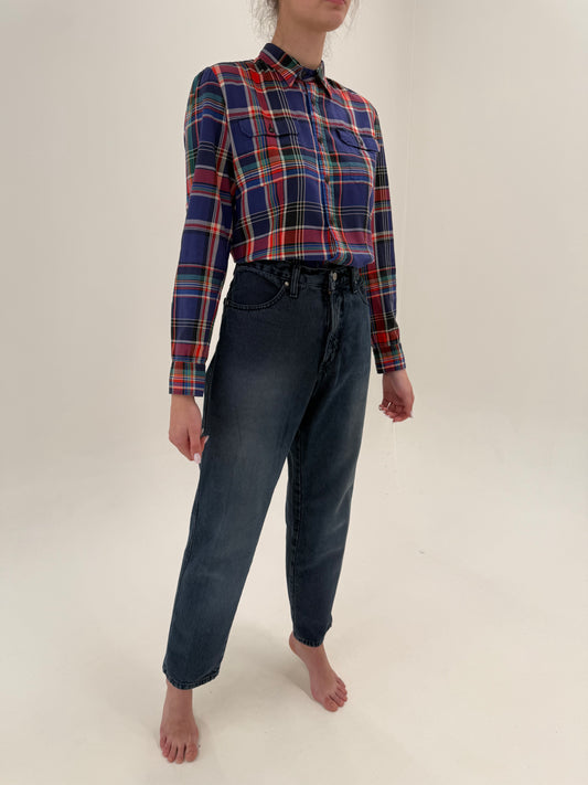 Jeans vintage dark wash tall americani din bumbac gros cu talie ultra înainta