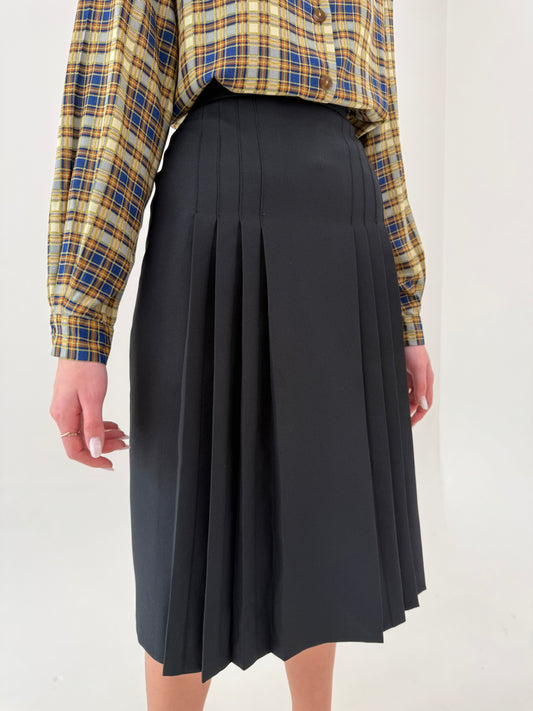Fustă plisată din lanita extrafina neagră midi cu talie ultra înaltă