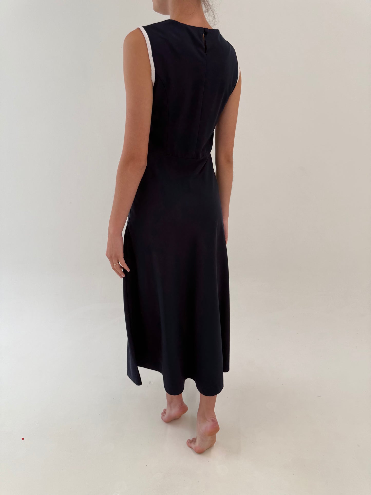 Rochie maxi Navy blue cu talie ultra înaltă marcată și influențe nautice delicate