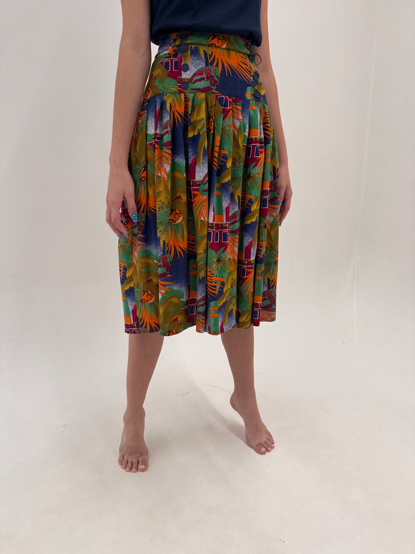 Fustă vintage Missoni cu print organic în culori superbe și talie ultra marcată