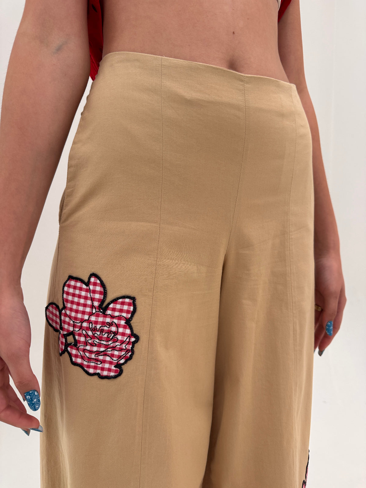 Pantaloni camel palazzo din bumbac moale ultra confort cu aplicații