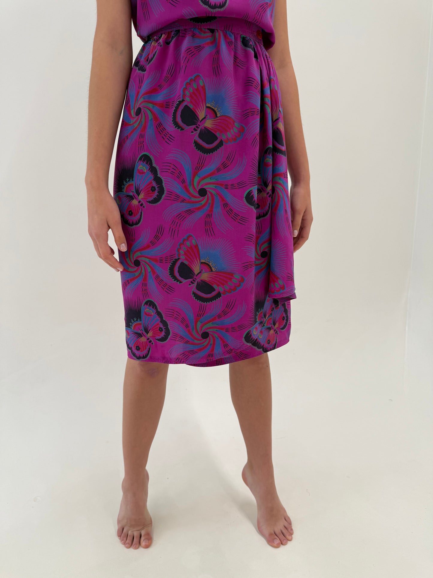 Set vintage magenta din mătase naturală cu fusta petrecută print delicat