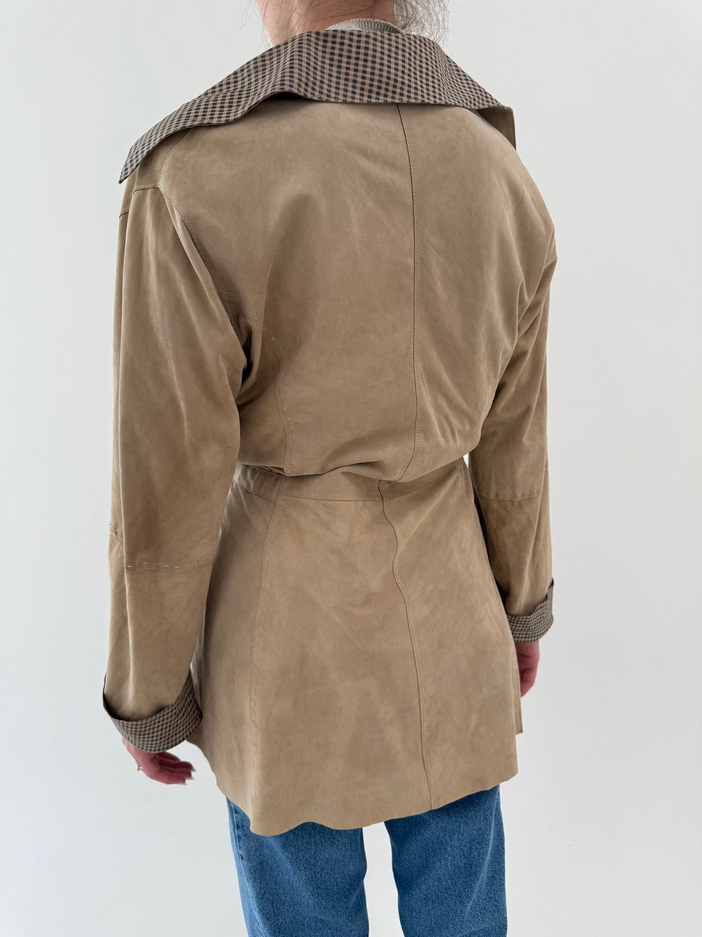 Trench camel cu cordon din cea mai fină și subțire piele naturală suede