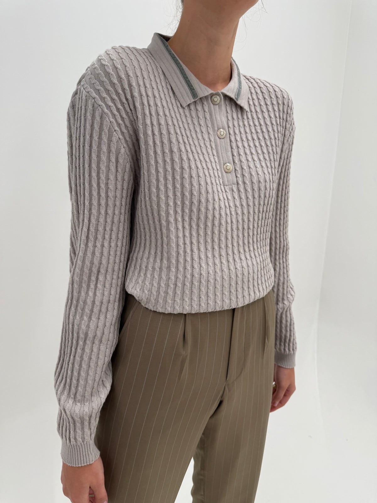 Pulover vintage italian polo warm gray cu torsade din lana extrafina pura