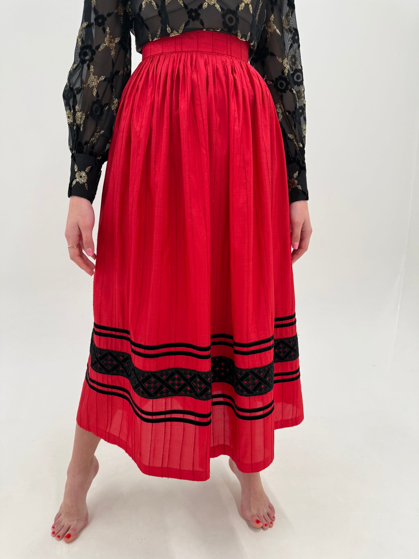 Fustă maxi din mătase naturală dupioni cherry red cu talie ultra înaltă