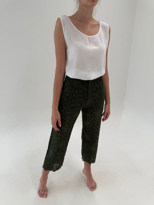 Pantaloni petite din bumbac integral brodat cu talie extrem de înaltă