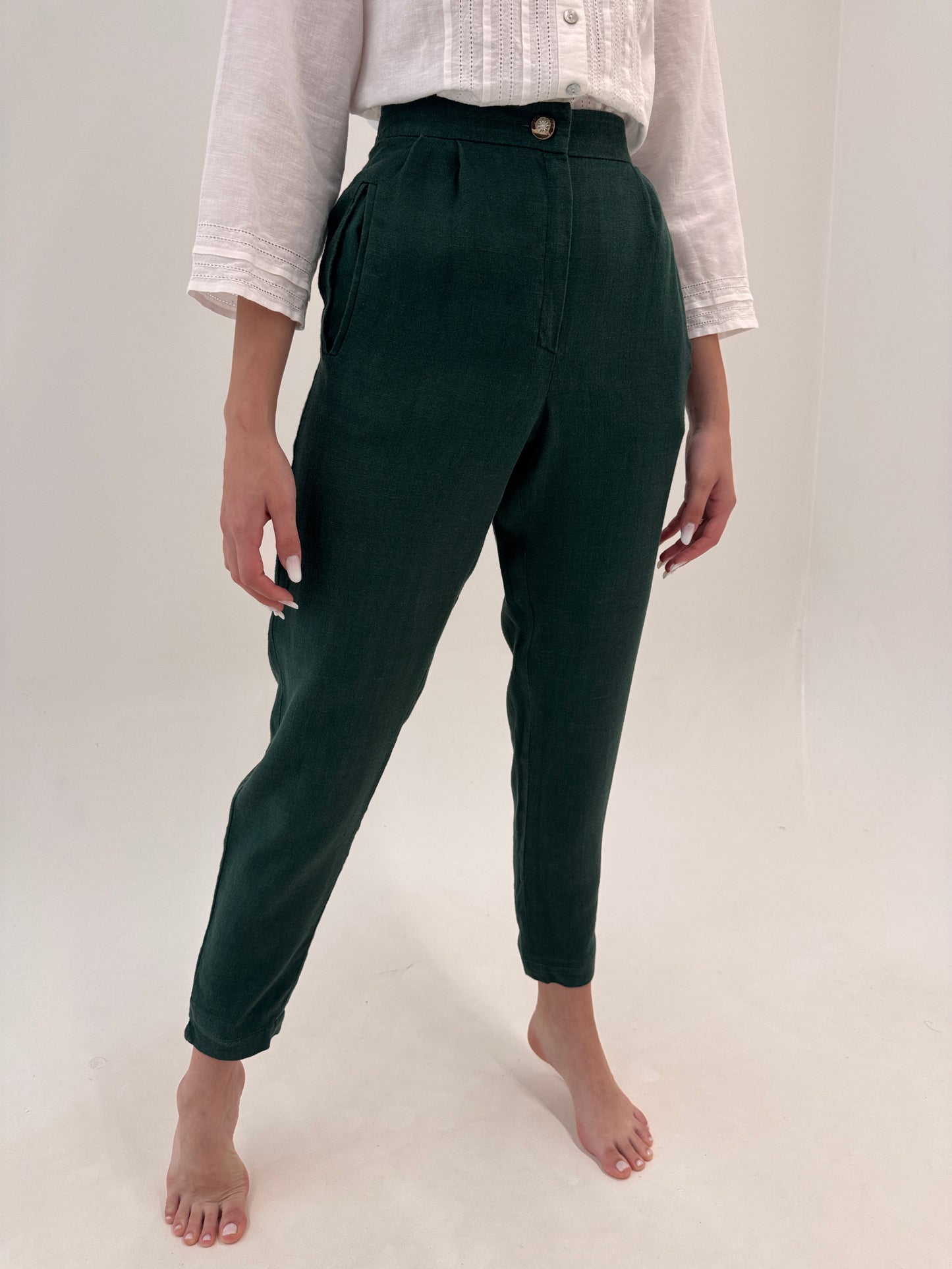 Pantaloni vintage dark green din pânză excepțională de in țigaretă