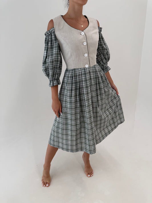 Rochie vintage cu corsaj din pânză de in și pânză de bumbac cu mâneci ușor bufante