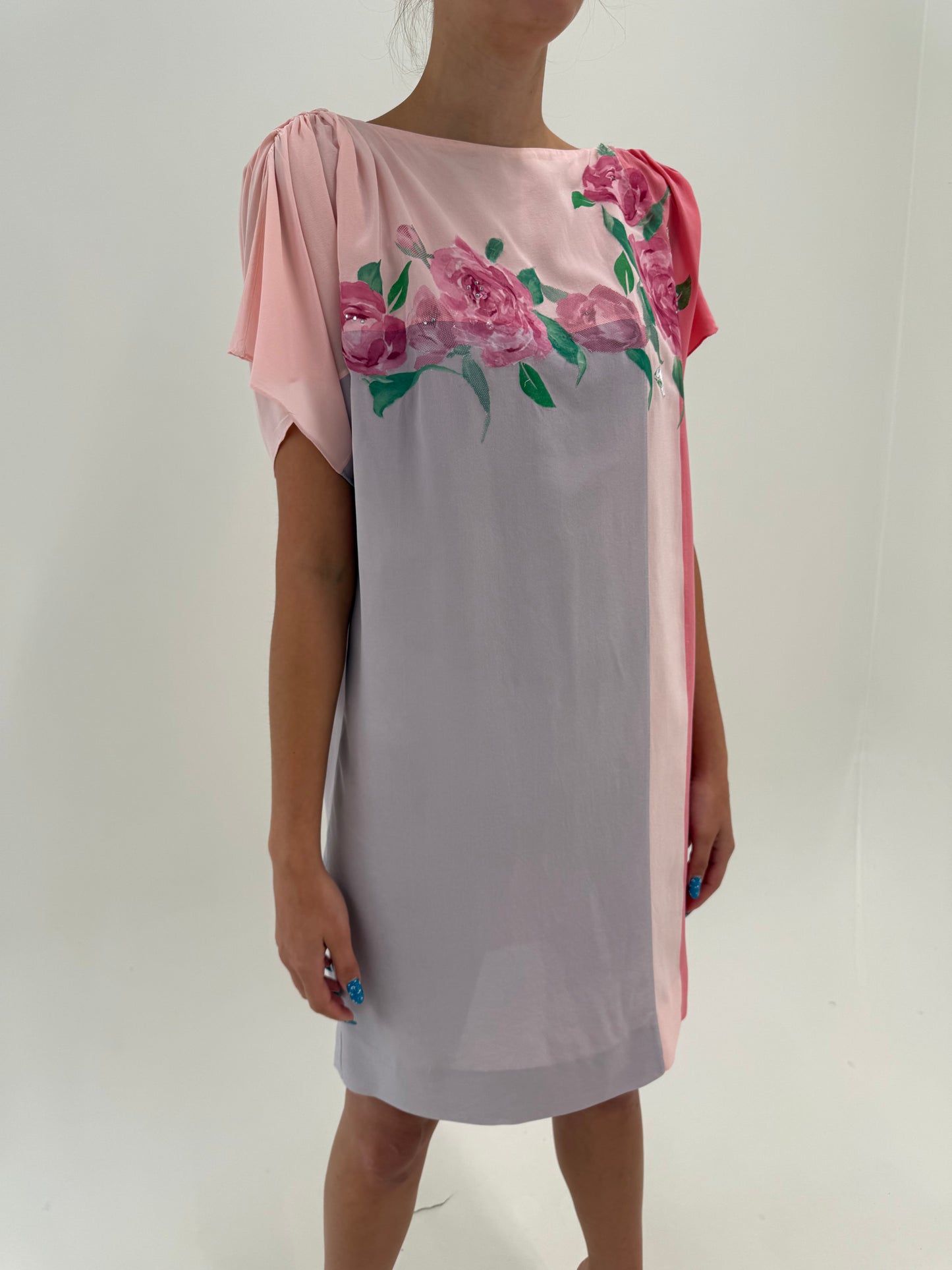 Rochie vintage din mătase naturală cu umeri drapați în culori pudrate și croi boxy