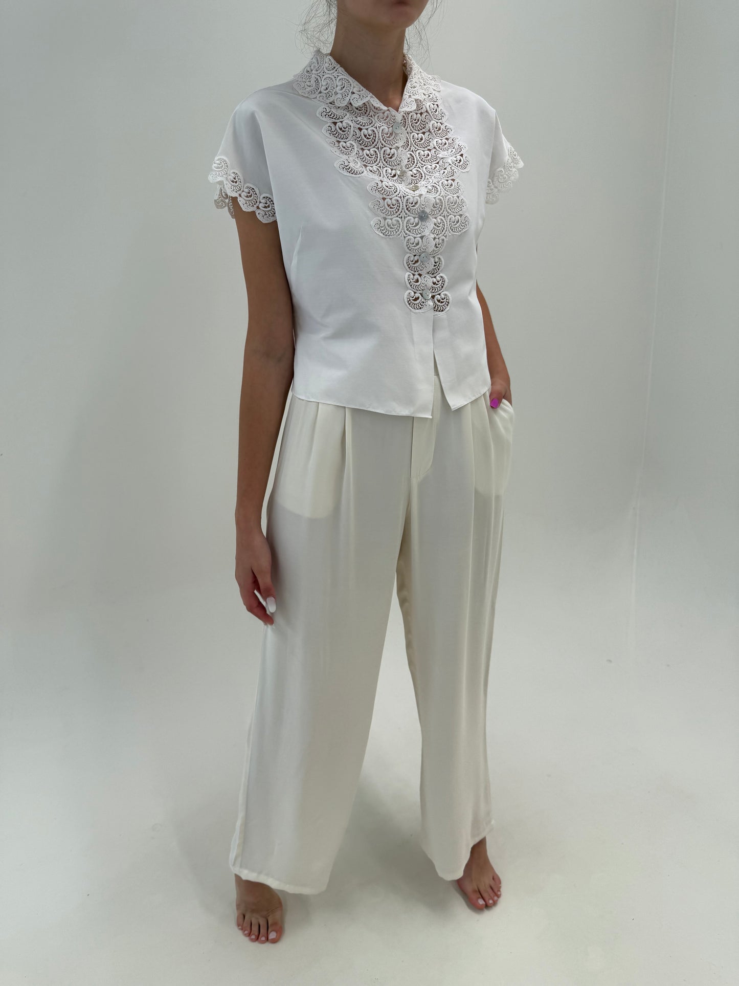 Pantaloni palazzo butter white de la zi la seară tall cu talie ultra înaltă