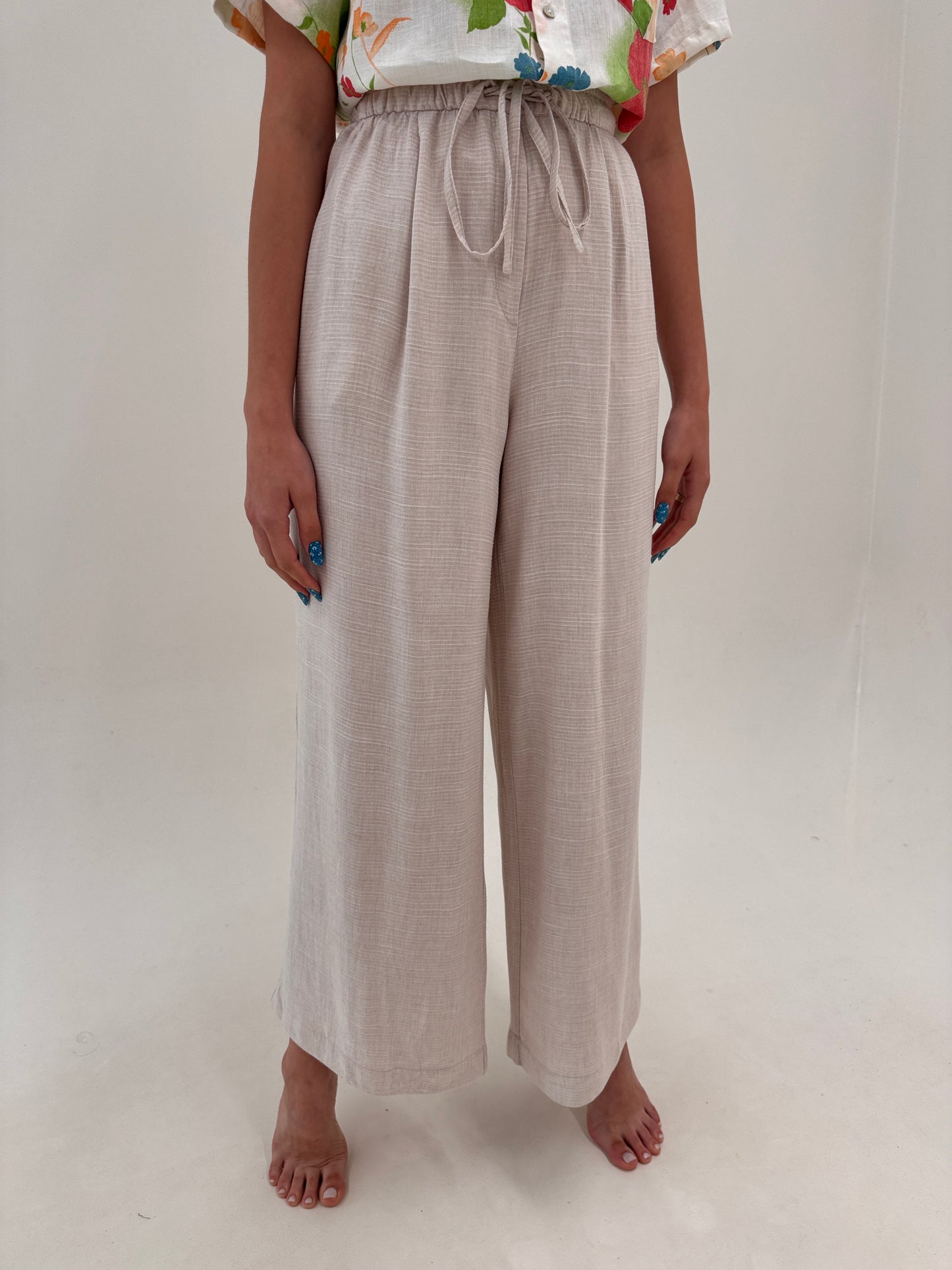 Pantaloni palazzo din pânză de in pink nude tall cu talie ultra înaltă reglabilă