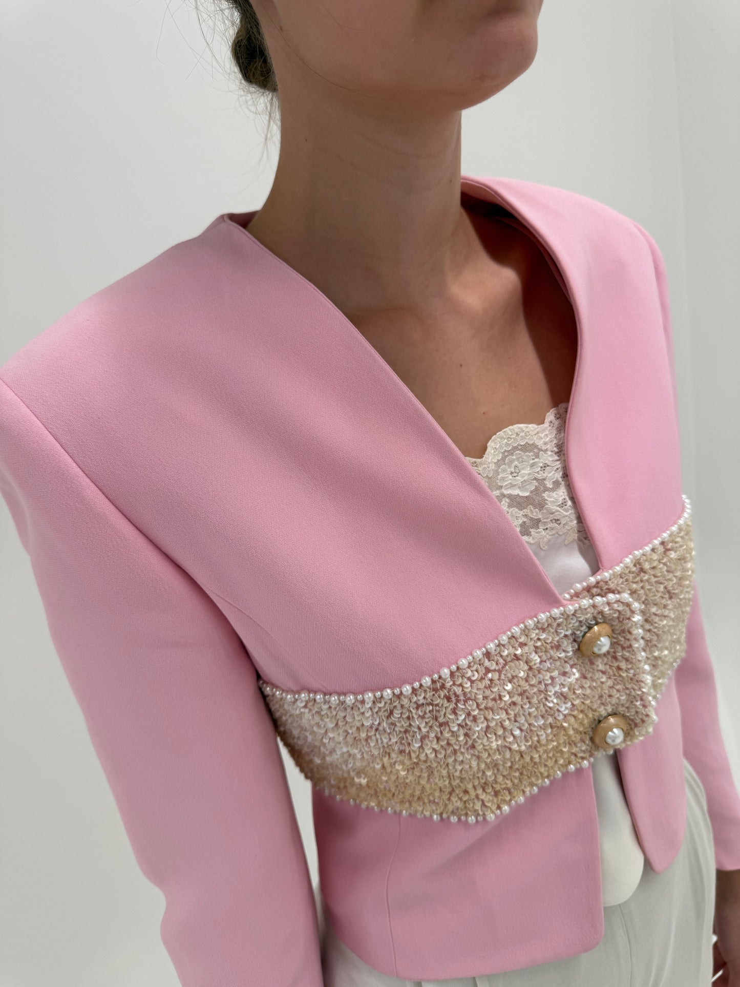 Sacou couture de brand ultra luxury italian Mimmina powder pink cu aplicații manuale