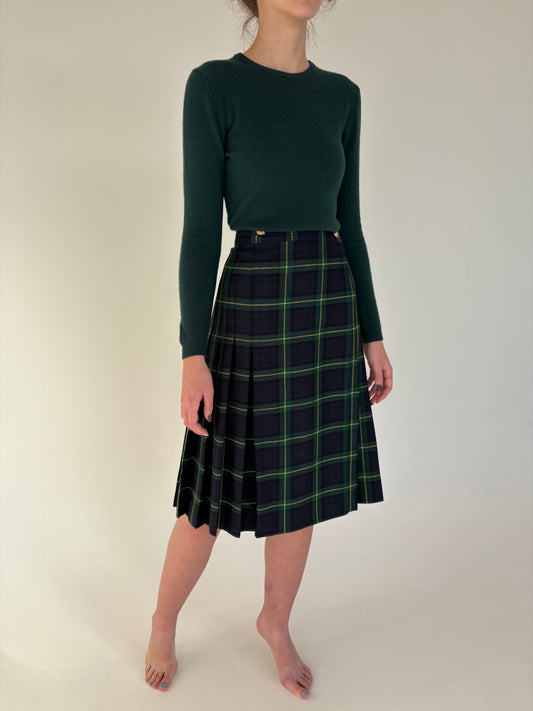 Fustă plisată din Tartan de lana pura certificată în croi parte peste parte