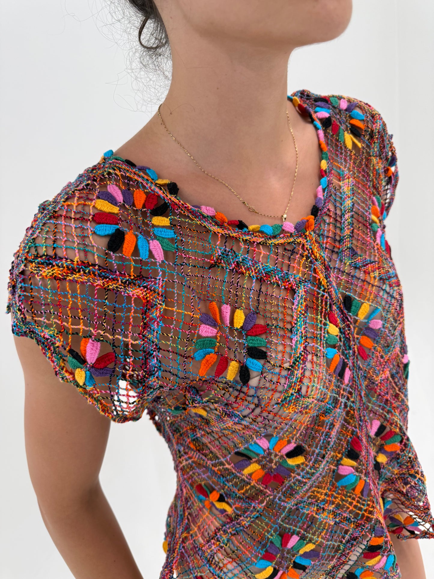 Top vintage colorat din macrame fin de bumbac lucrat manual