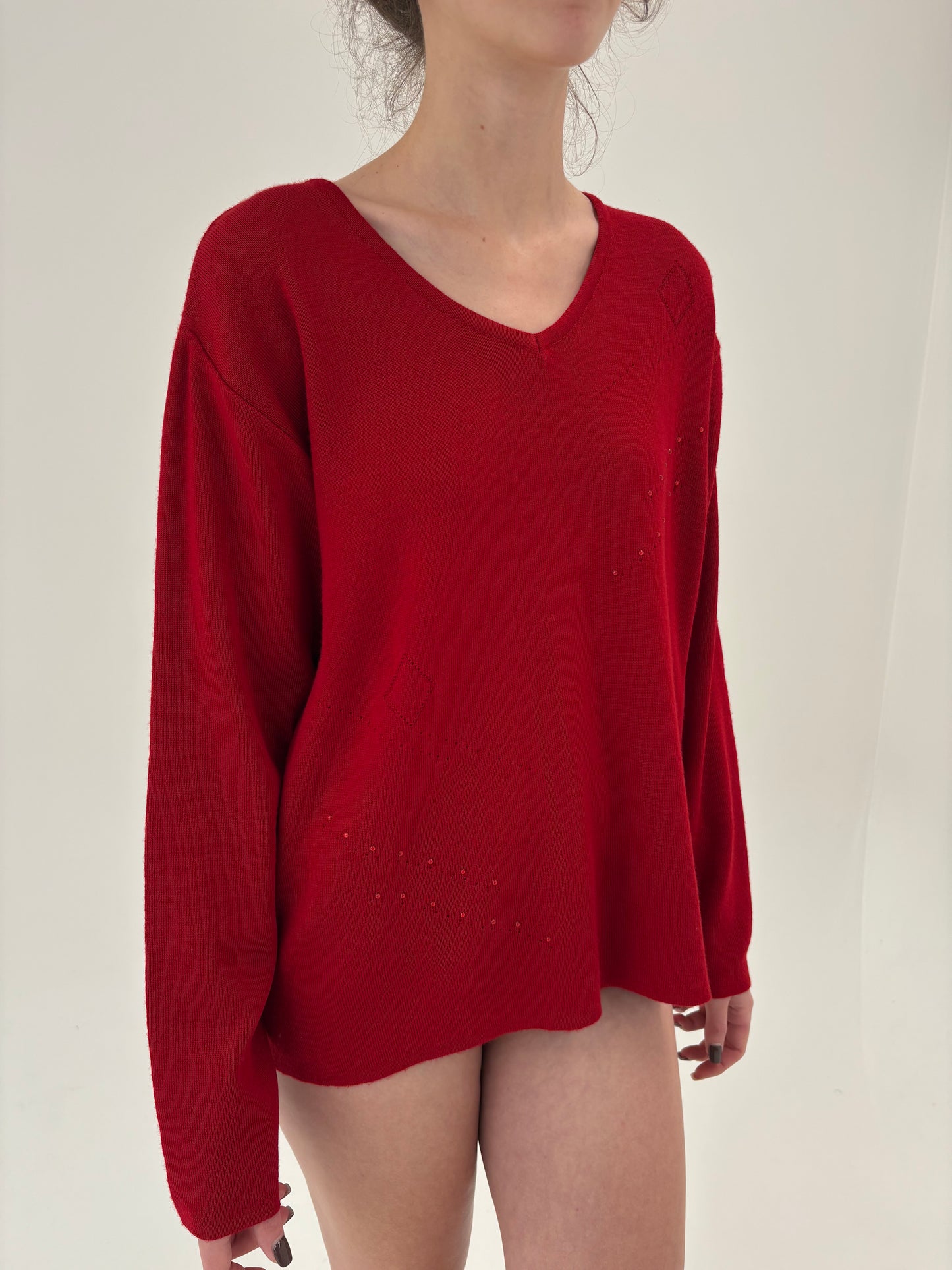 Pulover cherry red din lana merino extrafina de gramaj mare în anchior