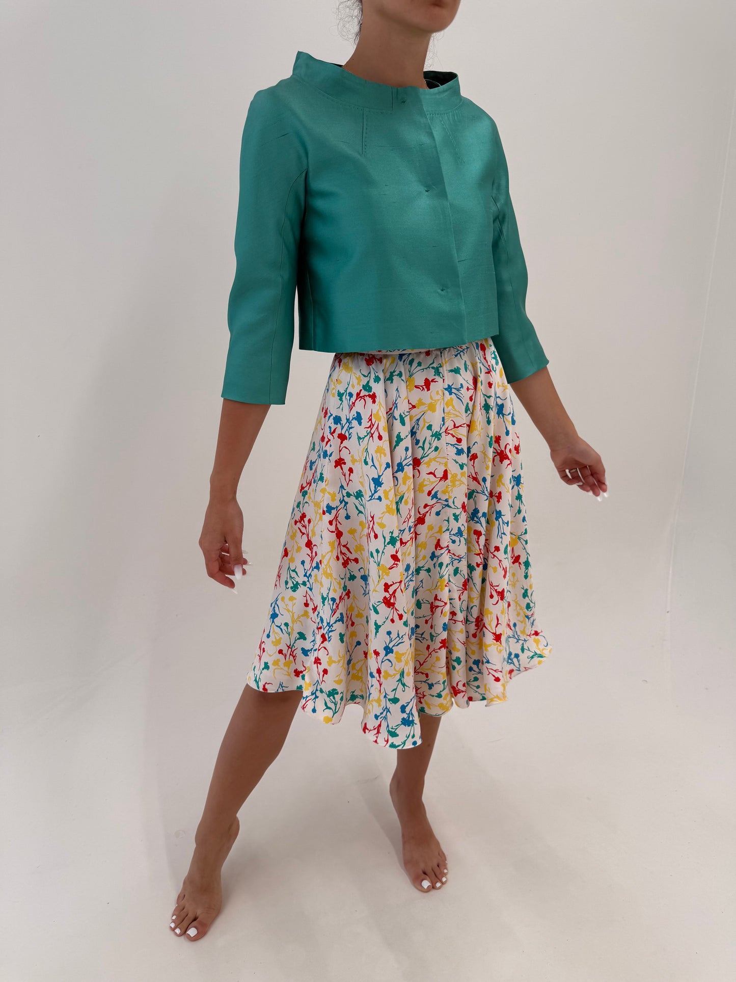 Fustă din twill de mătase naturală ultra amplă Pink white cu print floral delicat