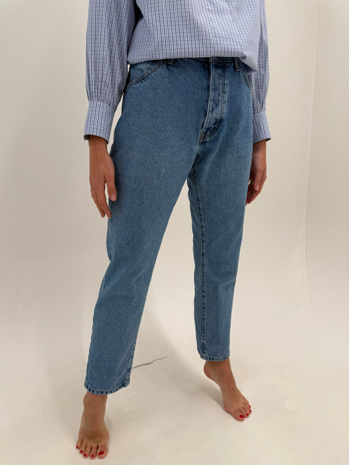 Jeans vintage premium straight leg classic wash cu talie mai generoasă