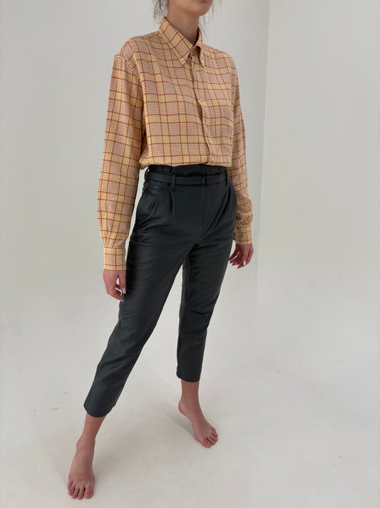 Pantaloni din piele naturală moale petite cu talie ultra înaltă și pense