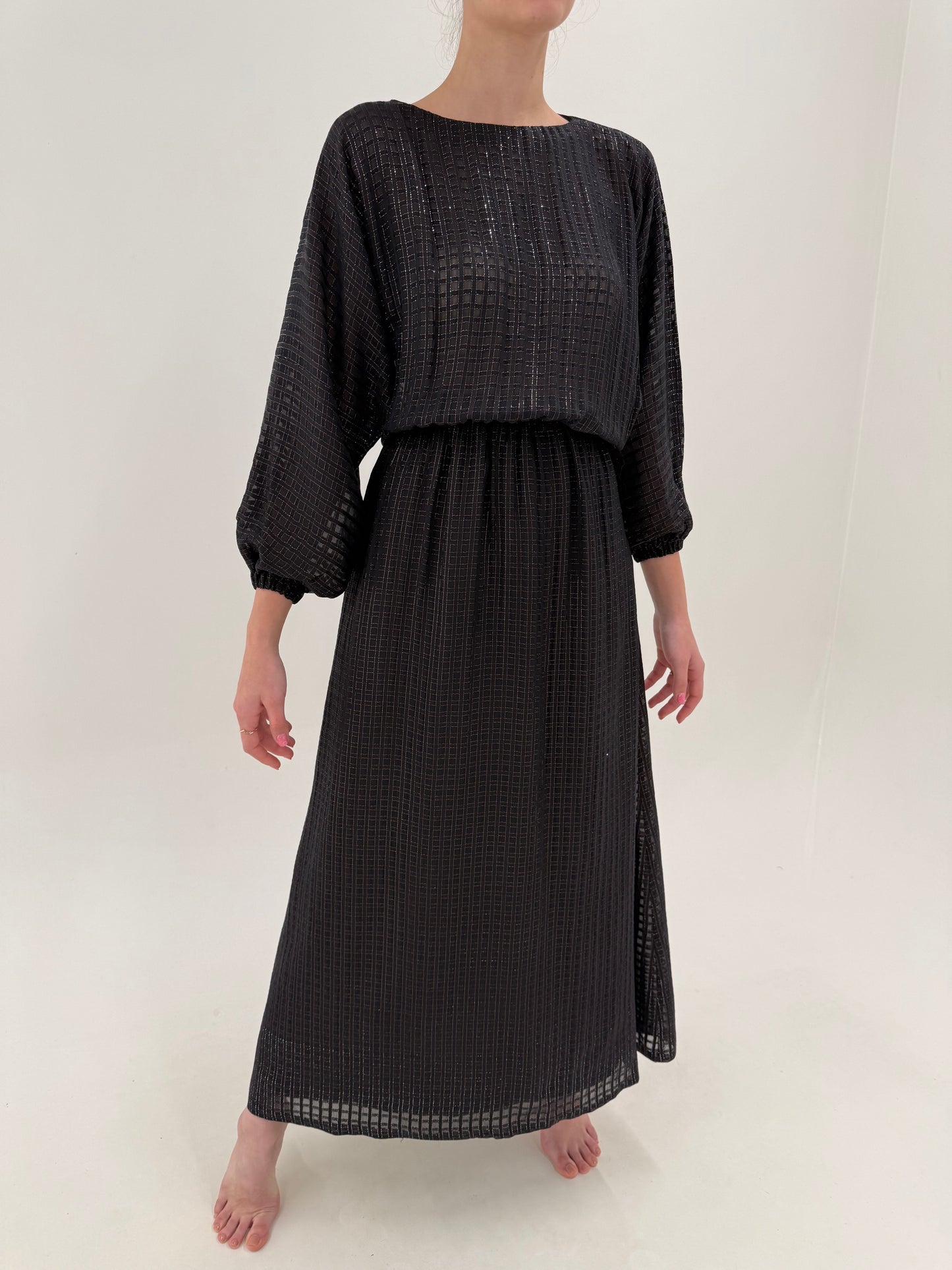 Rochie maxi din mătase naturală cu inserție de extrafina de lurex copper