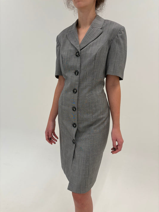 Rochie în carouri fine alb negru din stofă de lana extrafina