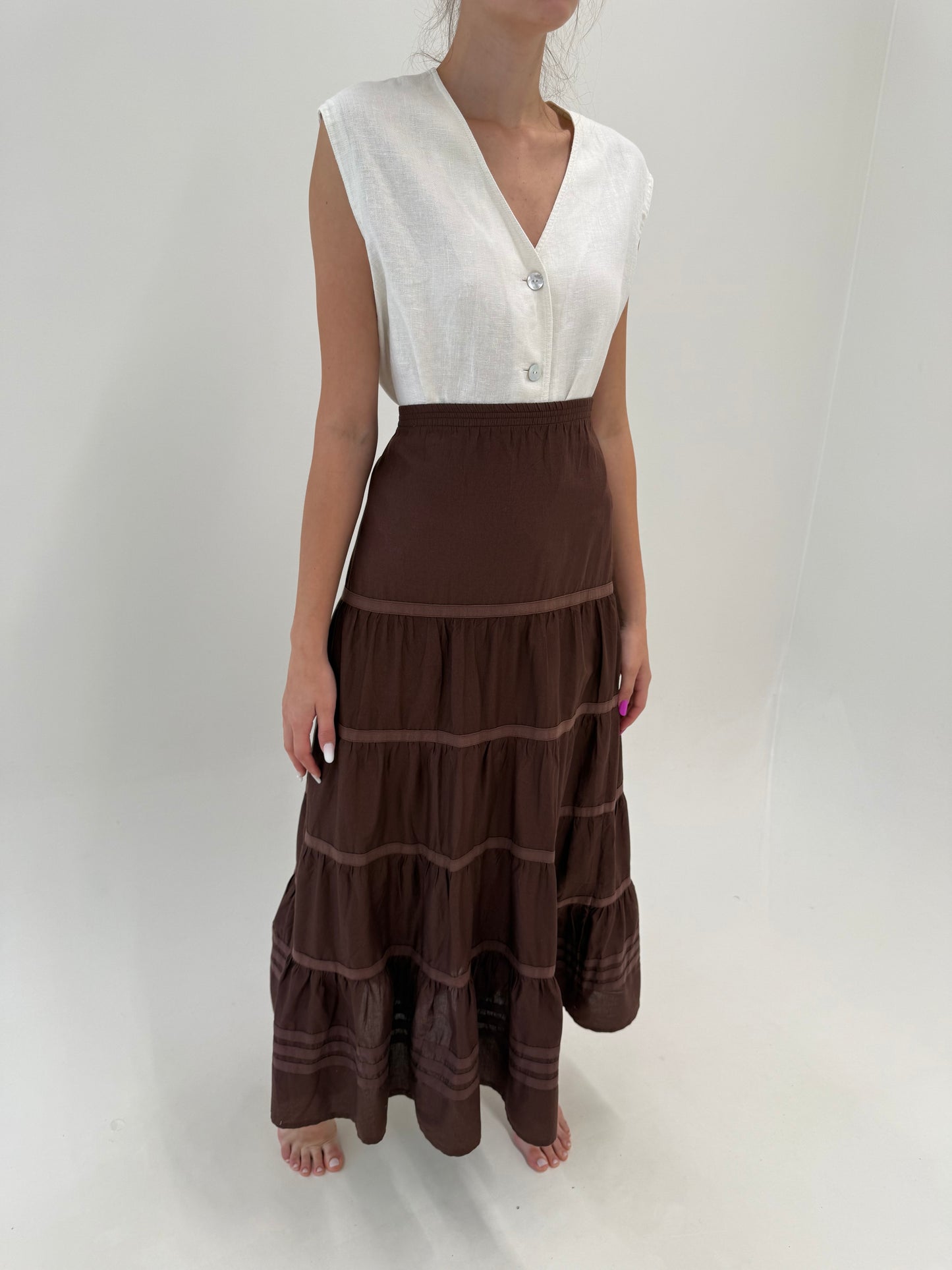 Fustă maxi chocolate brown din pânză moale de bumbac cu talie ultra înaltă elastică