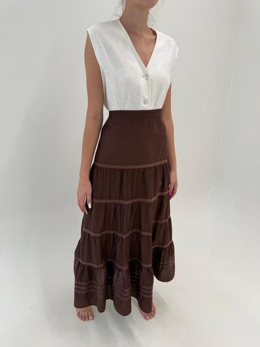 Fustă maxi chocolate brown din pânză moale de bumbac cu talie ultra înaltă elastică